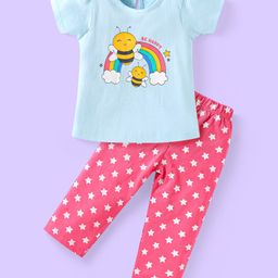 Babyhug Cotton Knit Half Sleeves Night Suit With Stars & Bees Print - Sky Blue & Pink-image-28
