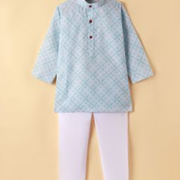 Ridokidz Full Sleeves Ethnic Motif Printed Kurta Pyjama Set - Light Blue-image-4