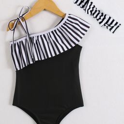 Babyhug Sleeveless V Cut Striped Swimsuit with Headband - Black-image-42