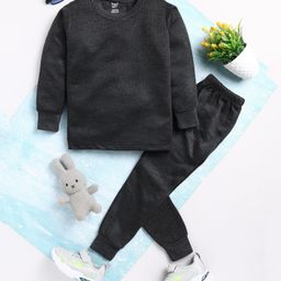 TOONYPORT Woollen Blend Full Sleeves Self Striped Printed Thermal Tee & Coordinating Pant Set - Charcoal Grey-image-91