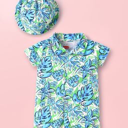 Babyhug 100% Cotton Knit Half Sleeves Romper with Cap and Floral Print - Light Blue-image-13