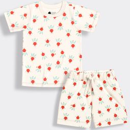 Orange Sugar 100% Cotton Knit Half Sleeves Beetroot Printed Tee & Coordinating Shorts Set - Off White-image-93