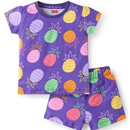 Babyhug Cotton Knit Half Sleeves Co-ords Short Night Suit with Pineapple Print - Purple-image-56