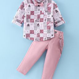 Rikidoos Full Sleeves Abstract Printed Textured Shirt With Pant Suspender & Bow Set - Multi Colour & Rose Pink-image-94