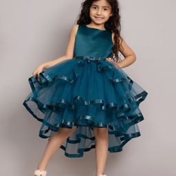 Toy Balloon Kids Net Sleeveless Bow Applique Detailed Layered High Low Dress - Teal Blue-image-28