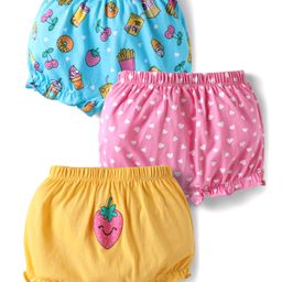 Babyhug 100% Cotton Single Jersey Knit Bloomers With Heart & Tropical Theme Print Pack Of 3 - Yellow Pink & Light Blue-image-60