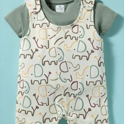First Smile Sinker Knit Half Sleeves Dungaree Style Romper with Elephant Print - Green-image-54