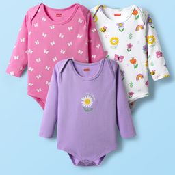 Babyhug 100% Cotton Interlock Knit Full Sleeves Onesies With Butterfly & Floral Print Pack Of 3 - Pink White & Purple-image-61