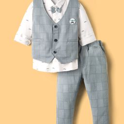 Mini Taurus Sinker Knit Full Sleeves Three Piece Party Suit With Moustache Print - Grey-image-87
