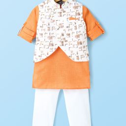 Dapper Dudes Full Sleeves Solid Kurta & Pant With Abstract Printed Jacket - Orange-picture-14