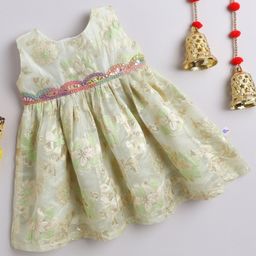 Many frocks & Brocade Woven Sleeveless Flower Printed Lace Embellished Pleated Dress - Cream-image-29