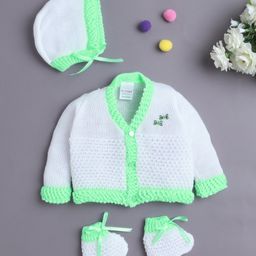 BUMZEE Knit Full Sleeves Cable Knit Design Solid Color Front Open Sweater with Cap & Booties - White & Neon Green-picture-39