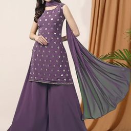PARROT CREATION Geometric Embroidered Sequinned Georgette Kurti with Sharara And Dupatta-image-93