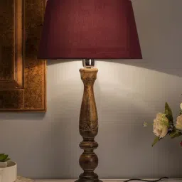 Homesake Brown Floral Carved Wood Table Lamp with Red Shade (Bulb Included) - Set of 1-33