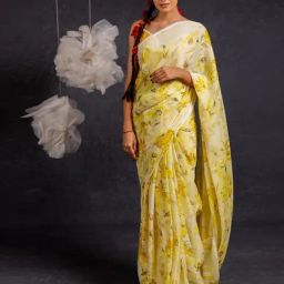 MIRCHI FASHION Lemon Yellow Floral Saree with Blouse Piece-image-60