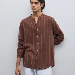 ETA by Westside Brown Striped Resort-Fit Cotton Blend Shirt-image-96
