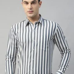 Hancock White Slim Fit Striped Shirt-image-95