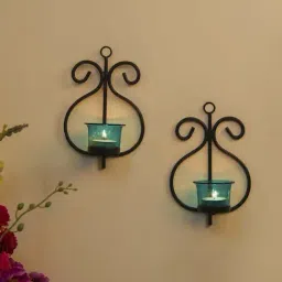Homesake 'Easter' Black & Turquoise Metal Wall Candle Holder With Tea Light Candle - Set of 2-image-76