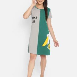 Clovia Grey & Dark Green Printed Night Dress-image-67