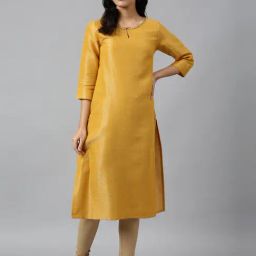W Mustard Cotton Geometric Print Straight Kurta-image-14