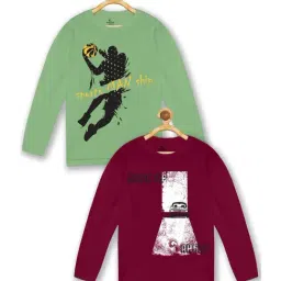 Kiddopanti Kids Green & Burgundy Cotton Printed Full Sleeves T-Shirt (Pack of 2)-image-57