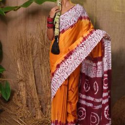 Unnati Silks Mustard & Maroon Cotton Printed Saree With Unstitched Blouse-picture-18