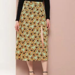 Qurvii Pista Green Floral Midi Skirt-image-83
