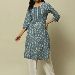 Rangriti Blue Cotton Printed Straight Kurta-picture-5
