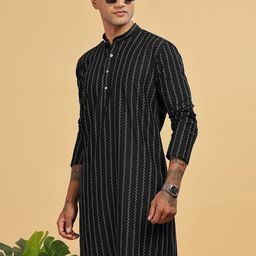Anouk Green Striped Mandarin Collar Cotton Kurta-picture-41