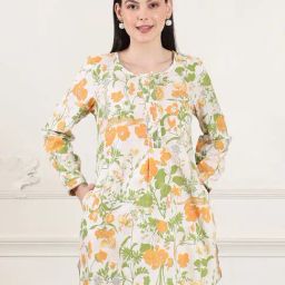 W Ecru Floral Print Straight Kurti-1