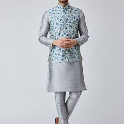 SOJANYA Men Grey & Blue Self Design Kurta with Churidar & Nehru Jacket-picture-12