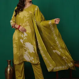 Sangria Printed & Patch Work 100% Cotton Kurta & Trouser With Dupatta-image-3