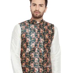 Sojanya Olive Printed Mandarin Collar Nehru Jacket-image-1