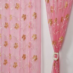 Aura Pink & Beige Set of 2 Embroidered Sheer Door Curtain-5