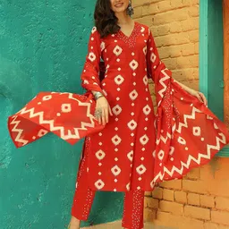Anouk Rustic Women Bandhani Printed Cotton Kurta with Trousers & Dupatta-21