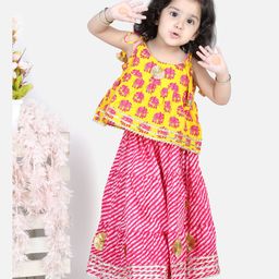 Bownbee Sleeveless Elephant Print Top With Leheriya Design Lehenga - Yellow-image-74