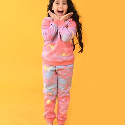 Anthrilo Fleece Full Sleeves Seamless Star Printed & Pastel Tie & Dye Sweatshirt With Coordinating Joggers - Pink-image-36