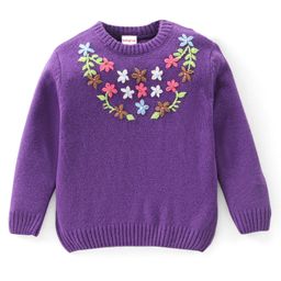 Babyhug Knit Full Sleeves Sweater Pullover with Floral Embroidery -Purple-image-31