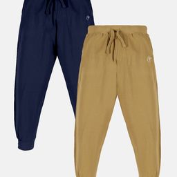 Kiddopanti Pack Of 2 Unisex Solid Track Pants - Navy Blue & Khaki Brown-image-99