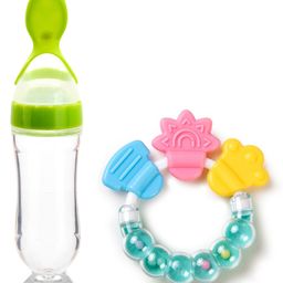 Fantasy India Silicone Squeezy Food Feeder Bottle With Spoon & Rattle Teether - Green-13