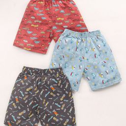 Cucumber Cotton Sinker Knit Knee Length Shorts Car Print Pack of 3 - Grey Pink & Blue-picture-2