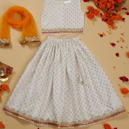 Saka Designs By Sapna Sleeveless Foil Printed Lehenga Choli With Dupatta - White-image-86