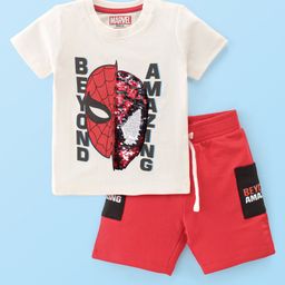 Babyhug Disney 100% Cotton Knit Single Jersey Half Sleeves T-Shirt & Short With Spiderman Graphics & Sequins Detailing - White & Red-image-44