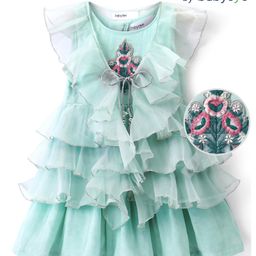 Babyoye Sleeveless Party Frock with Jacket Frill & Floral Embroidery Detailing - Green-picture-14