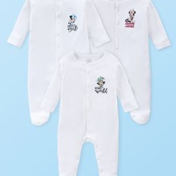 Babyhug Disney Cotton Knit Full Sleeves Footed Sleep Suits with Minnie Mouse Graphics Pack of 3 - White-picture-40