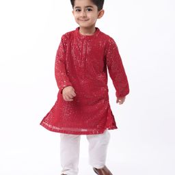 Babyhug Woven Full Sleeves Sequinned Kurta Pyjama Set - Red-image-1