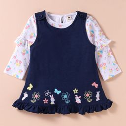 ToffyHouse Interlock Knit Frock & Full Sleeves Inner Tee With Floral Print & Embroidery - Navy Blue & White-image-83