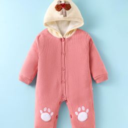 Yellow Apple Knit Full Sleeves Front Open Hooded Romper with Bear Embroidery - Coral-image-34