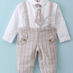 ToffyHouse 100% Cotton Woven Full Sleeves Printed Romper with Tie - Beige-picture-1