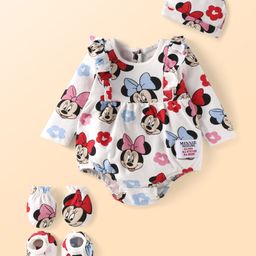Babyhug Disney Interlock Knit Full Sleeves Onesie Mittens Booties & Cap With Minnie Mouse Graphics & Frill Detailing - White-image-11